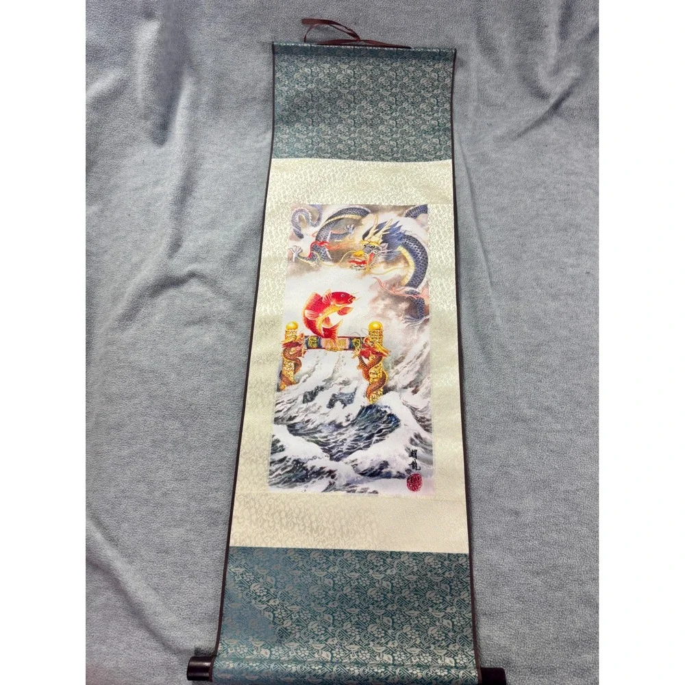 Chinese Wall Scroll Red‎ Koi Fish Leaping Dragon Gate Silk Brocade Hanging Art